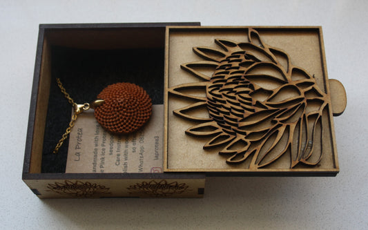 Protea seedpod necklace in Protea engraved gift box