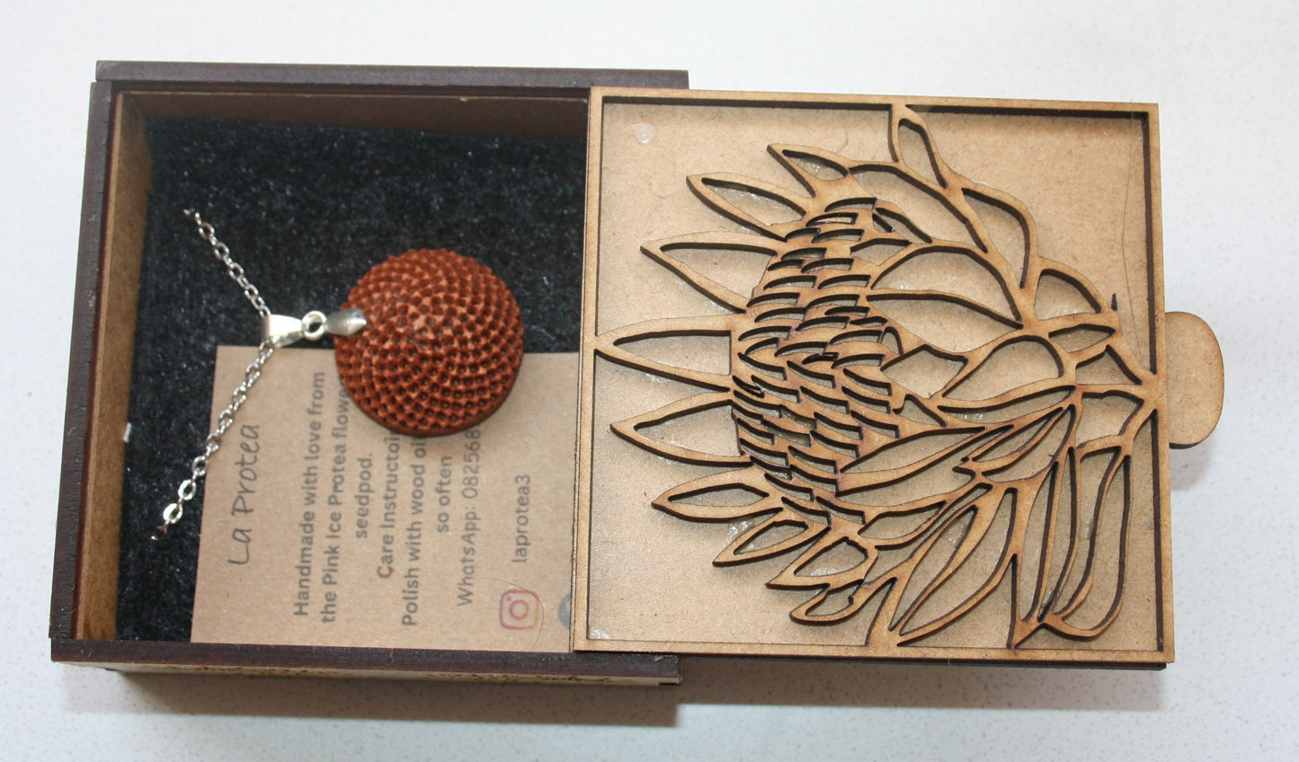Protea seedpod necklace in Protea engraved gift box